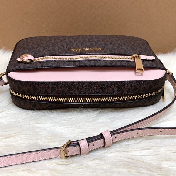MICHAEL KORS Jet Set Logo Chain Camera XBody Bag Dark Brown Logo Pink Trim - Picture 10 of 16